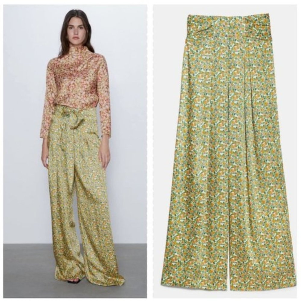 Zara Wide Leg Floral Printed Satin Pants Trousers XS